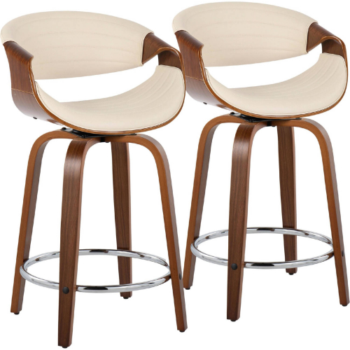 Symphony 24" Swivel Counter Stool in Walnut Wood & Cream Leatherette w/ Chrome Footrest (Set of 2)